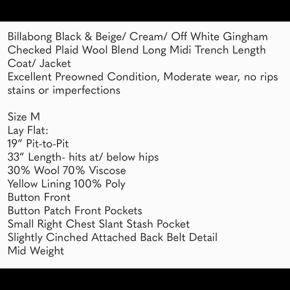 Billabong Gingham Plaid Wool Blend Midi Jacket EUC - Picture 9 of 9